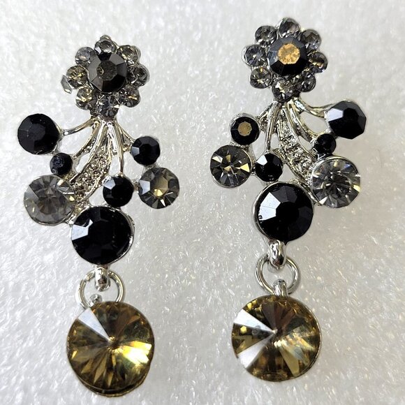 Black Crystal Stone Drop Dangle Earrings - Picture 1 of 11